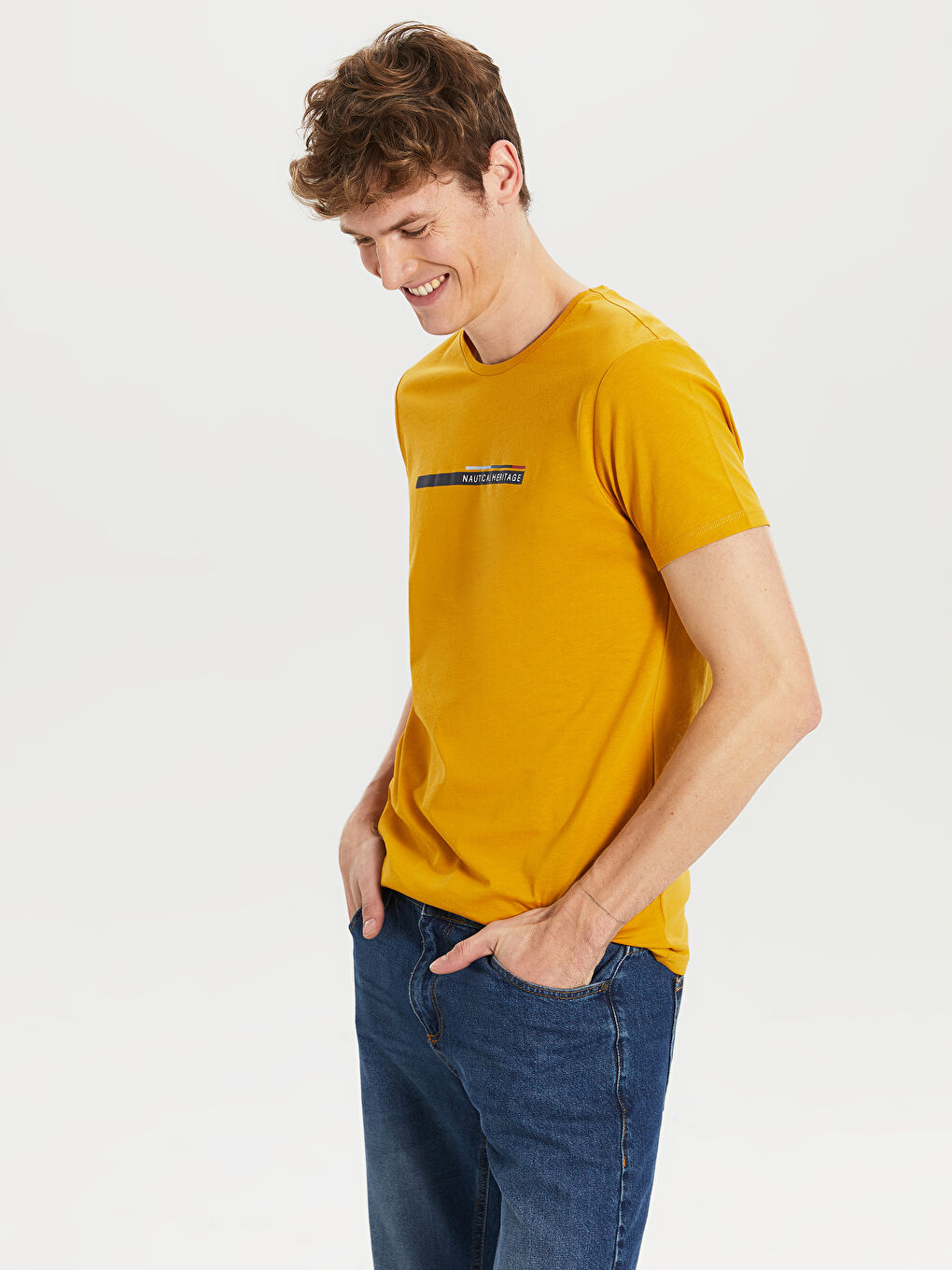 Sarı Bisiklet Yaka Kısa Kollu Baskılı Penye Erkek Tişört-2