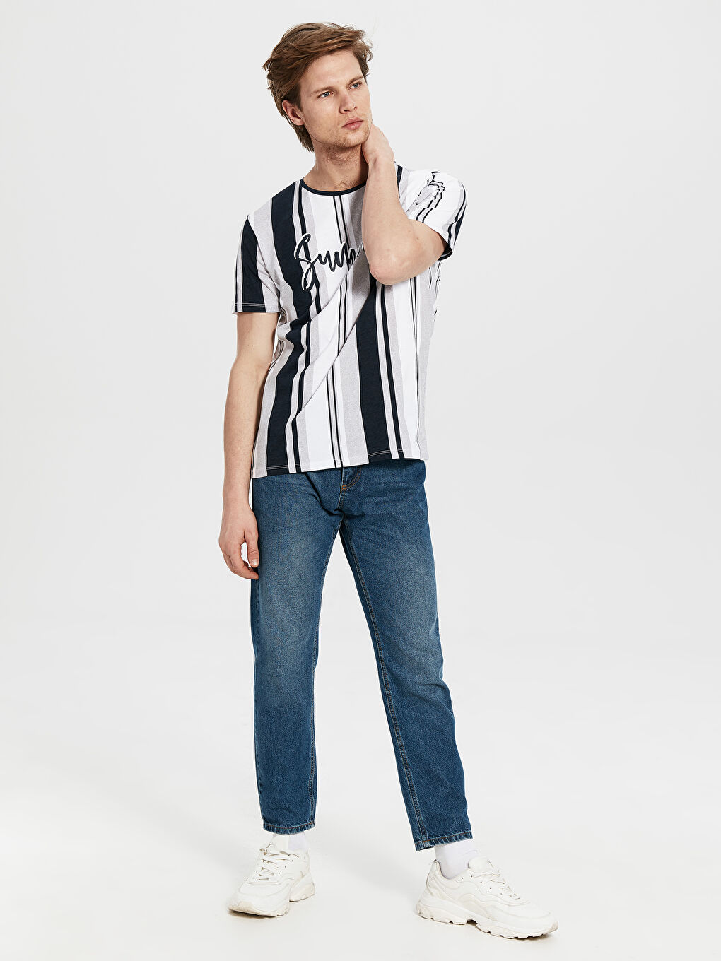 Beyaz Bisiklet Yaka Kısa Kollu Baskılı Penye Erkek Tişört-3