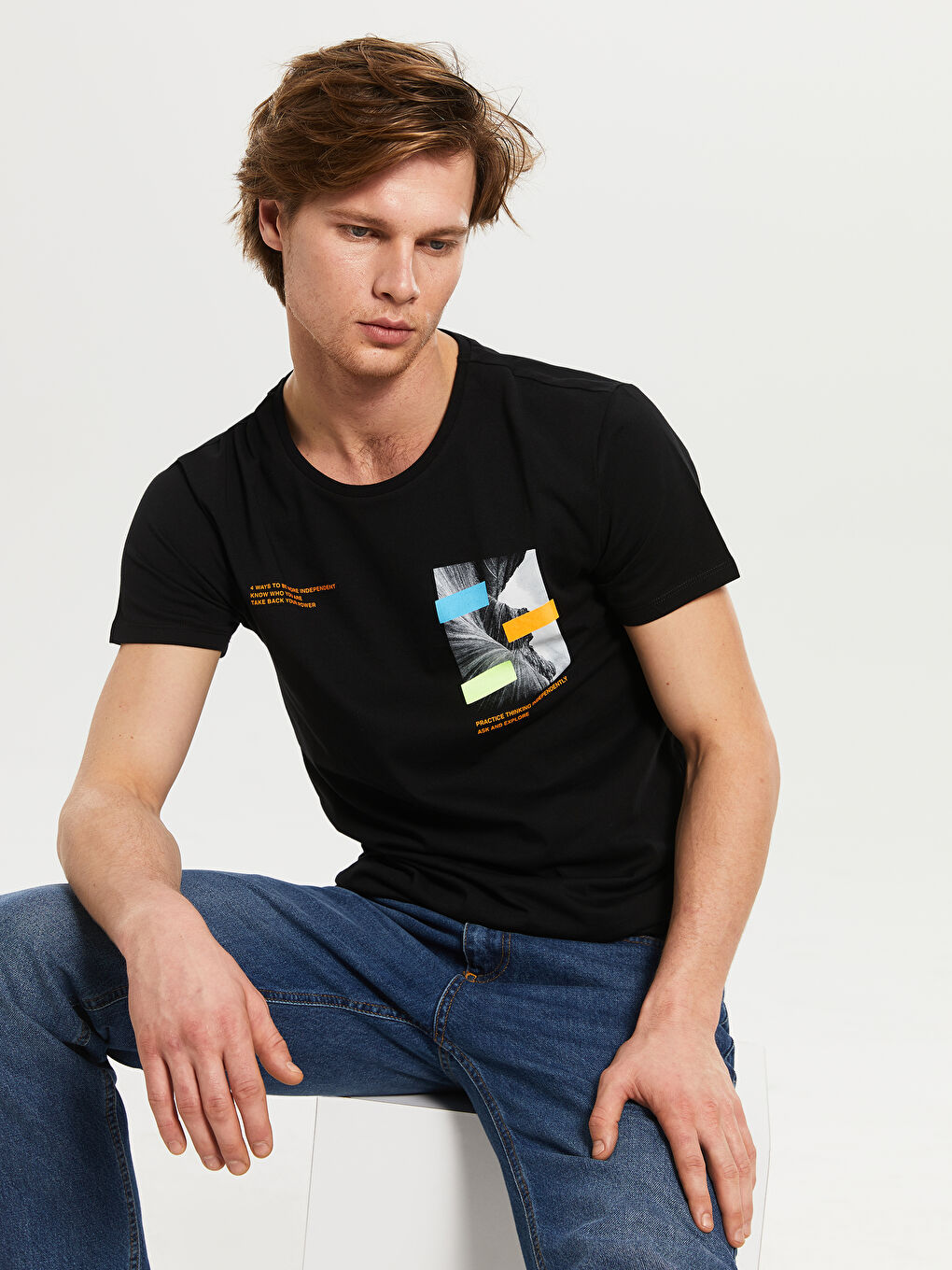 Siyah Bisiklet Yaka Penye Erkek Tişört