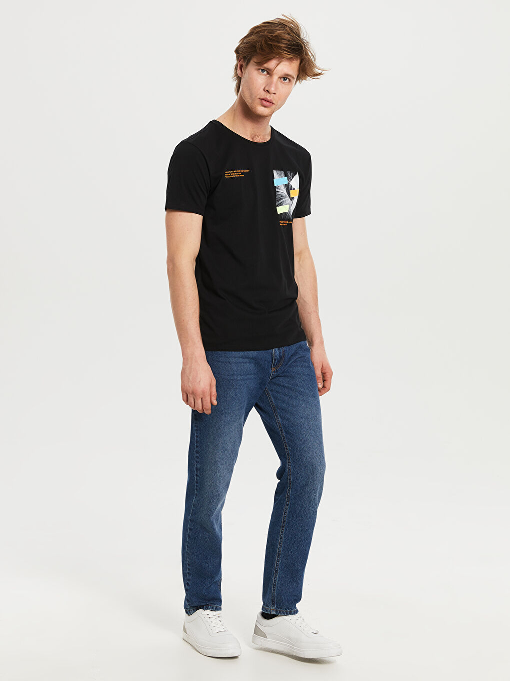 Siyah Bisiklet Yaka Penye Erkek Tişört-4