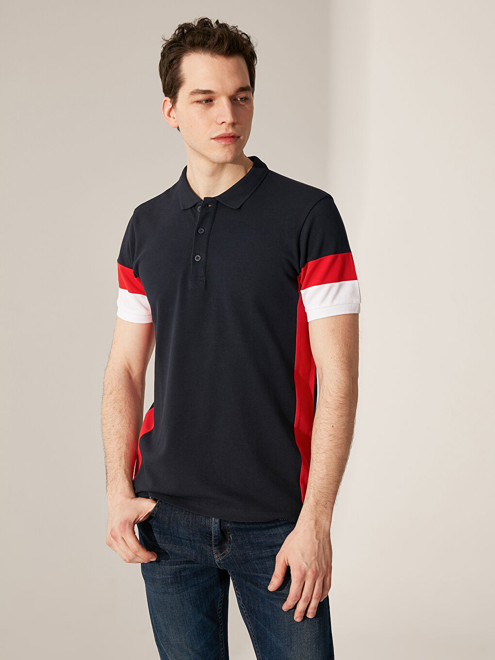 Lacivert Polo Yaka Kısa Kollu Çizgili Pamuklu Erkek Tişört