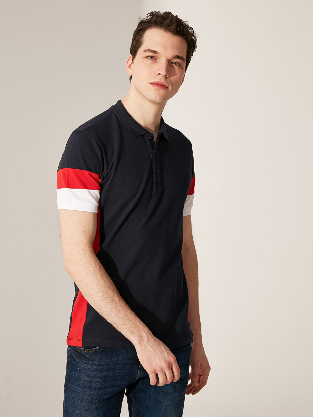 Lacivert Polo Yaka Kısa Kollu Çizgili Pamuklu Erkek Tişört-1