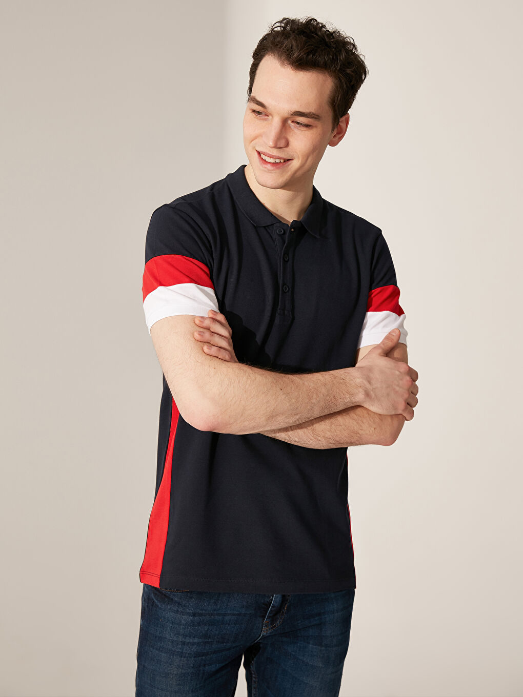 Lacivert Polo Yaka Kısa Kollu Çizgili Pamuklu Erkek Tişört-2