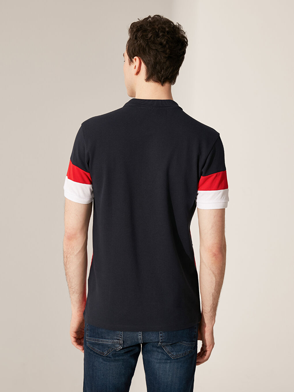 Lacivert Polo Yaka Kısa Kollu Çizgili Pamuklu Erkek Tişört-3