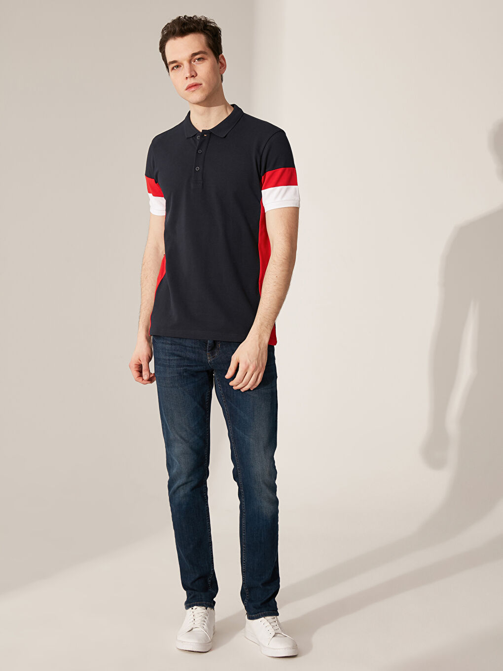 Lacivert Polo Yaka Kısa Kollu Çizgili Pamuklu Erkek Tişört-4