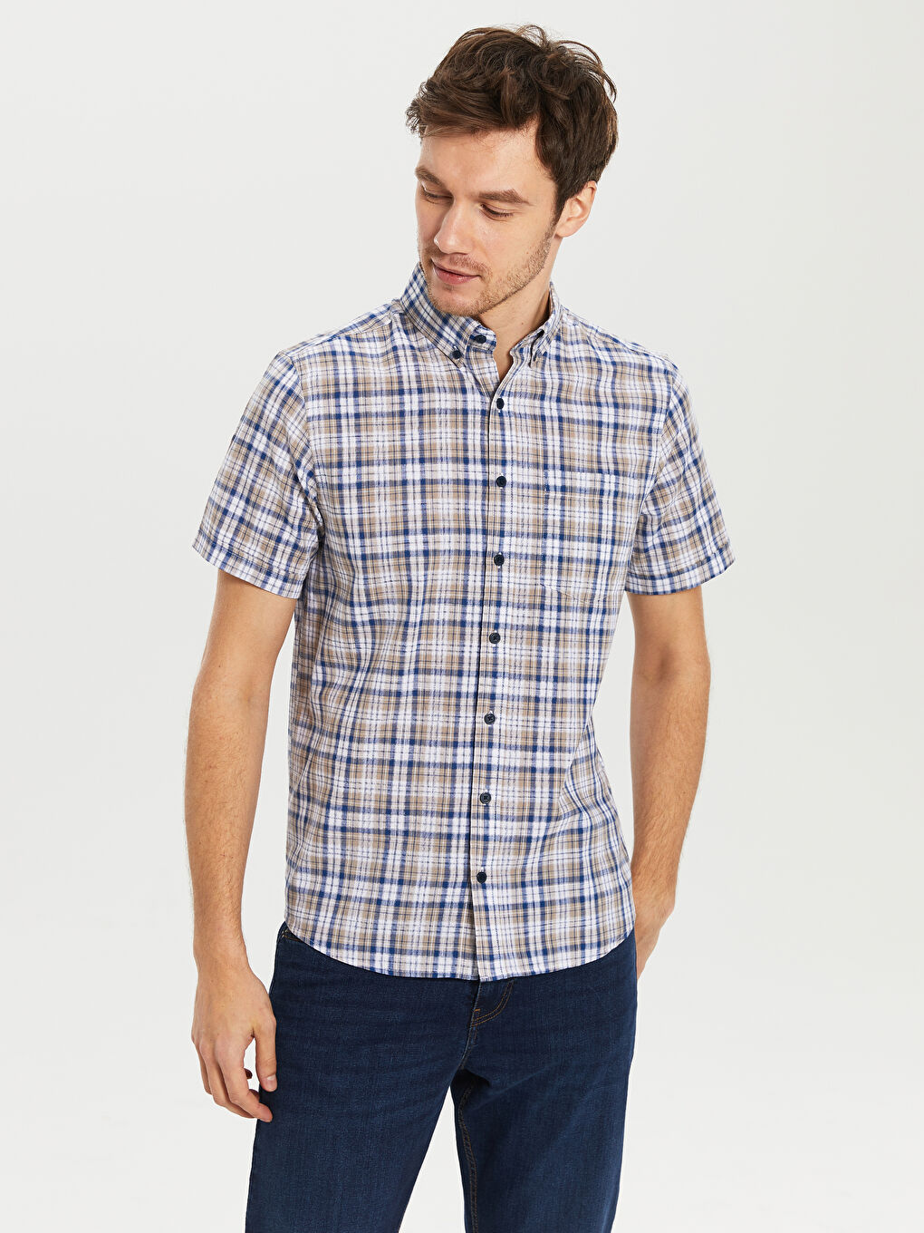 Bej Poplin Erkek Gömlek-1