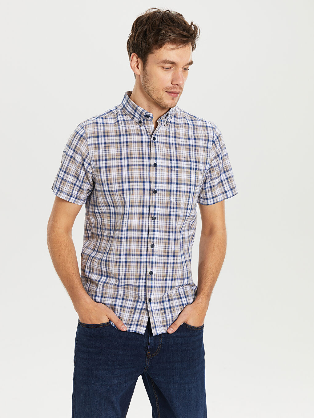 Bej Poplin Erkek Gömlek-2