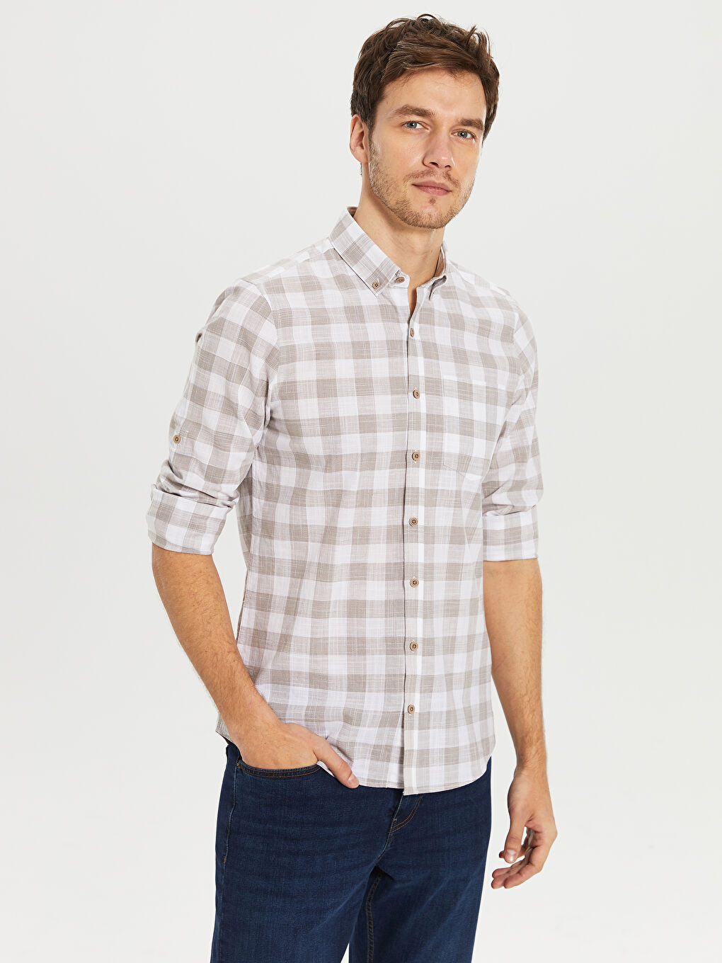 Bej Poplin Erkek Gömlek-1