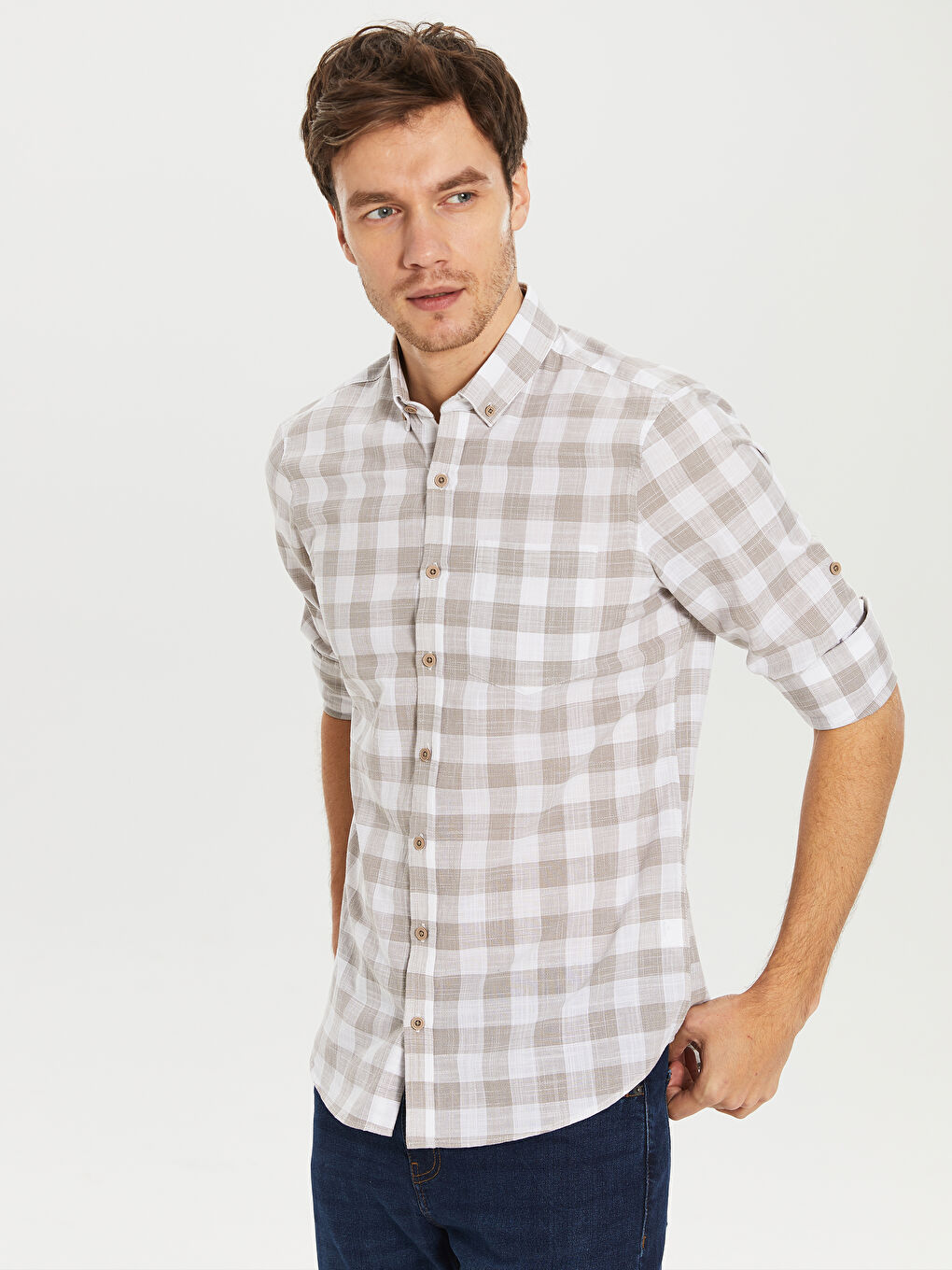 Bej Poplin Erkek Gömlek-2