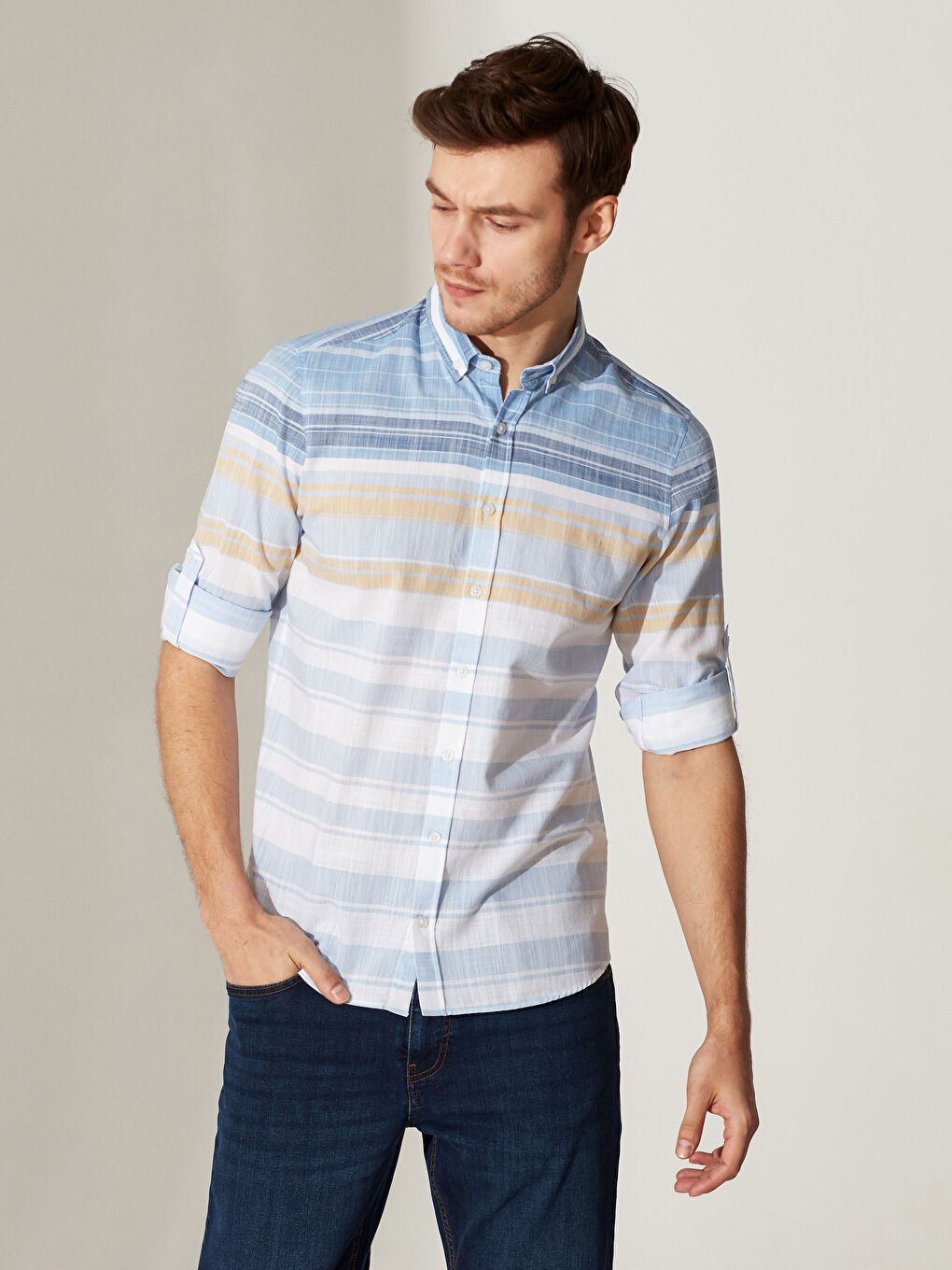 Sarı Poplin Erkek Gömlek-1