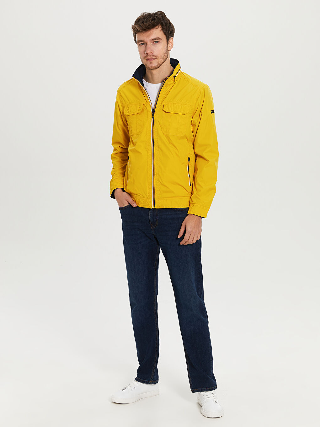 Sarı Standart Kalıp Dik Yaka İnce Erkek Mont-7