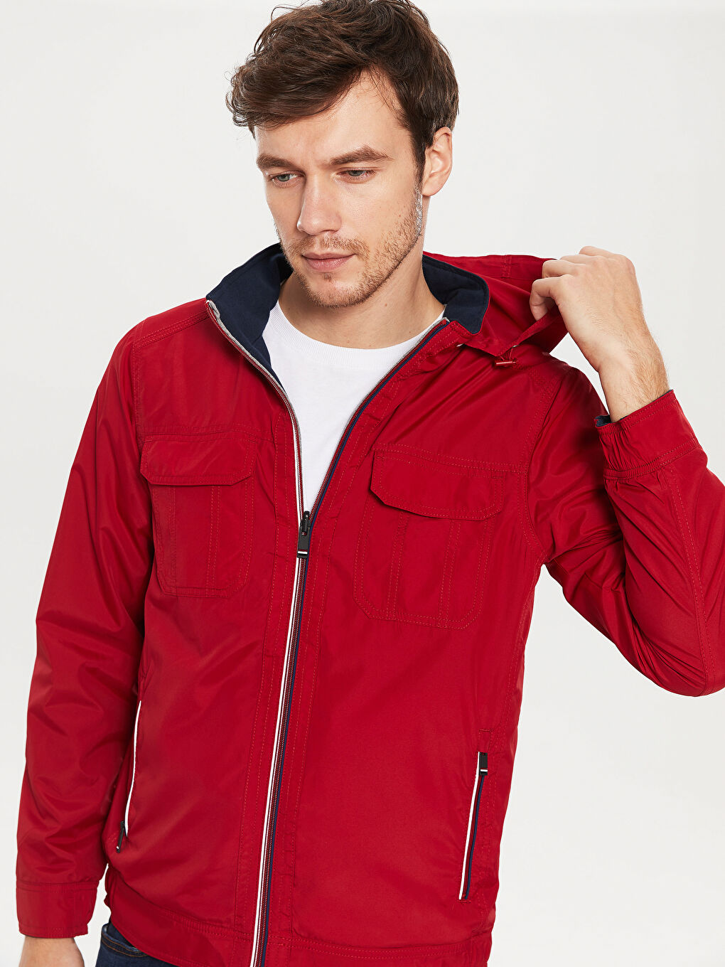 Kırmızı Standart Kalıp Dik Yaka İnce Erkek Mont-1