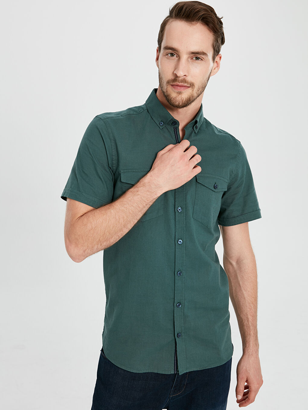 Yeşil Slim Fit Kısa Kollu Poplin Gömlek