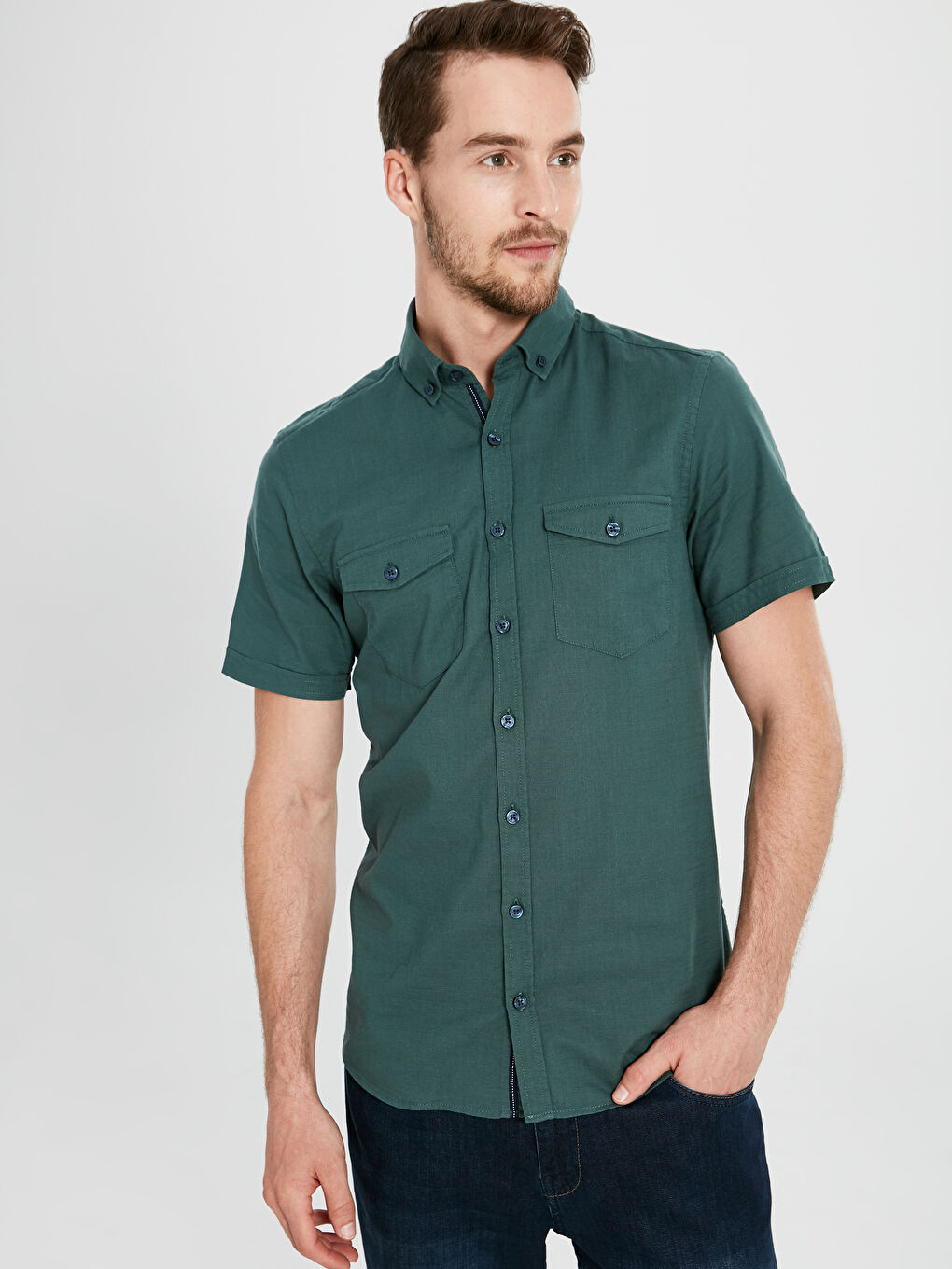 Yeşil Slim Fit Kısa Kollu Poplin Gömlek-1