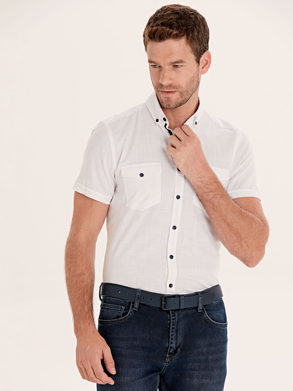 Beyaz Slim Fit Kısa Kollu Poplin Gömlek-1