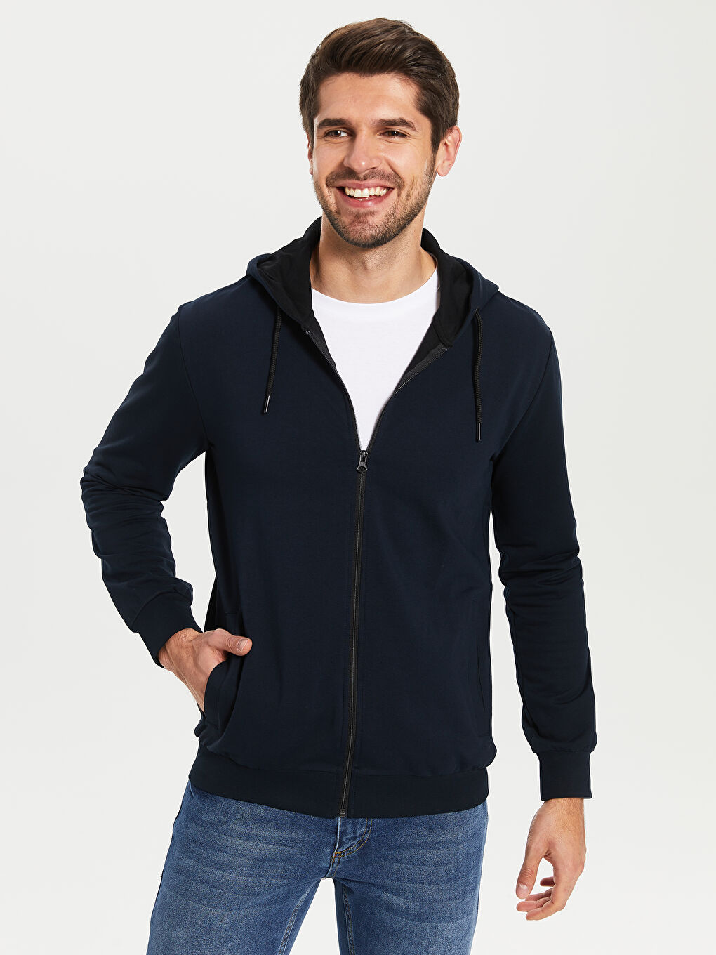 Lacivert Kapüşonlu Fermuarlı Erkek Sweatshirt