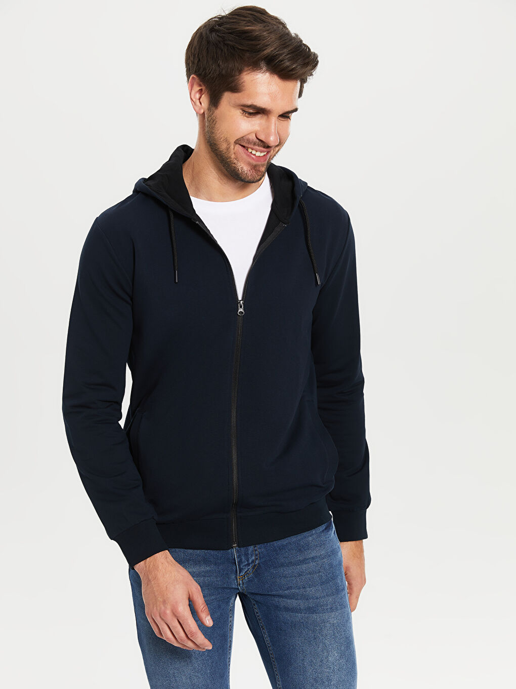 Lacivert Kapüşonlu Fermuarlı Erkek Sweatshirt-1