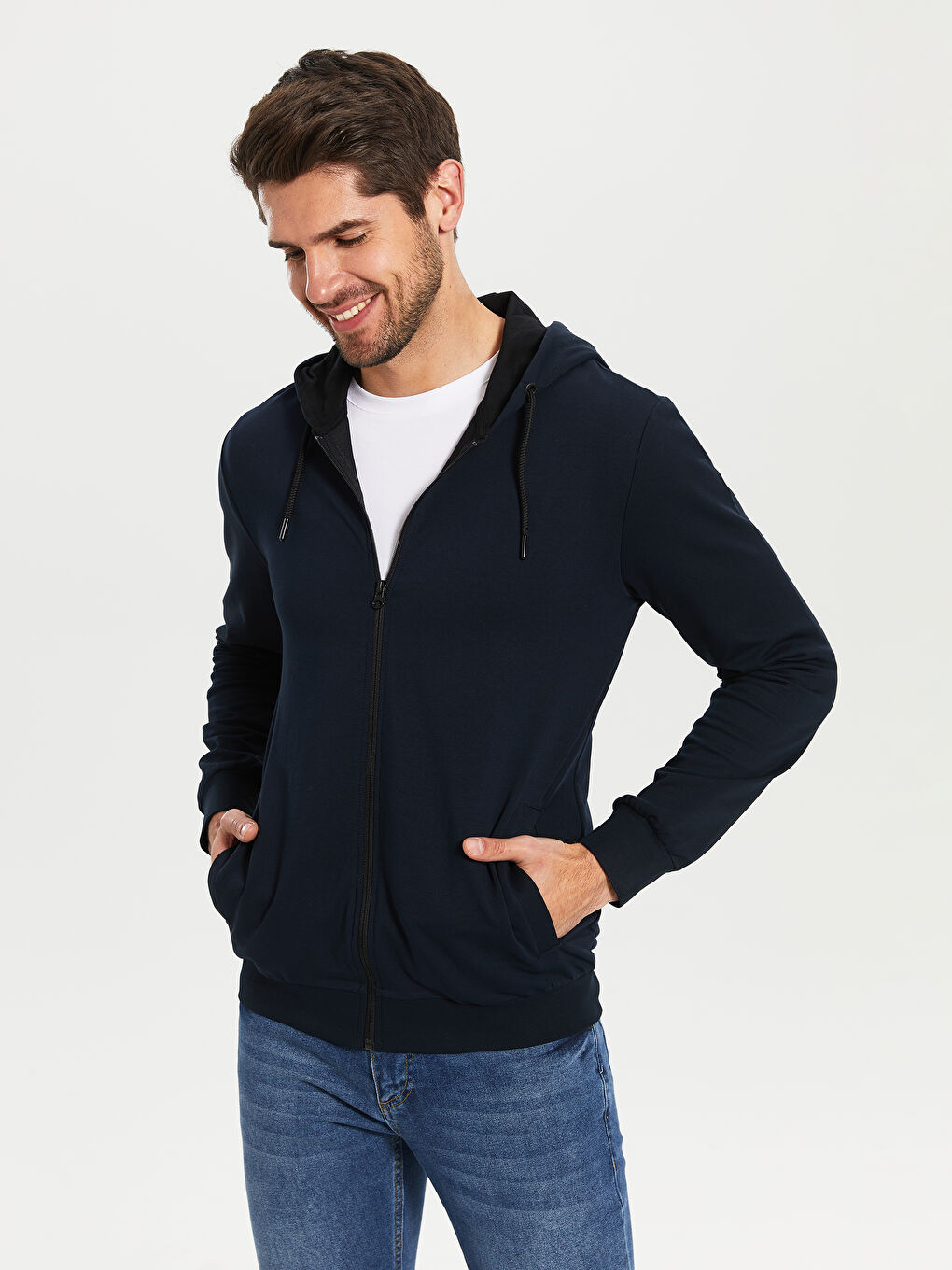 Lacivert Kapüşonlu Fermuarlı Erkek Sweatshirt-2