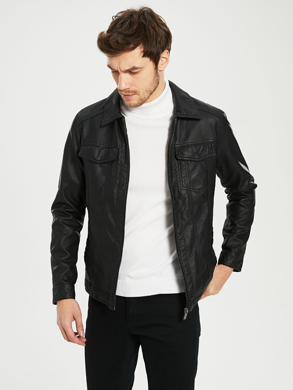 Siyah Erkek Deri Görünümlü Mont-2