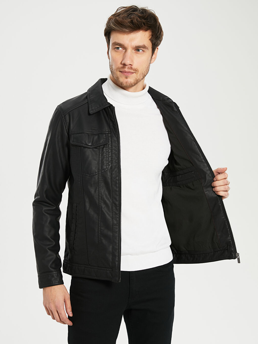 Siyah Erkek Deri Görünümlü Mont-3