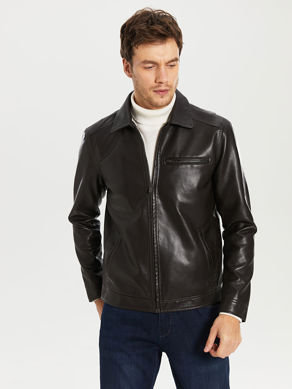 Kahverengi Erkek Deri Görünümlü Mont