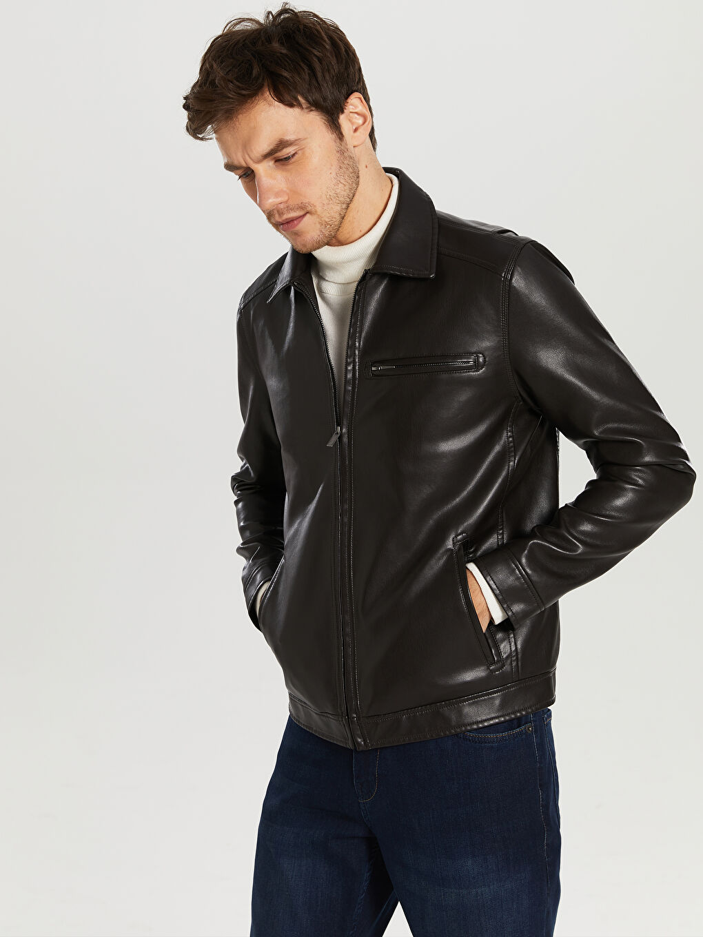 Kahverengi Erkek Deri Görünümlü Mont-1