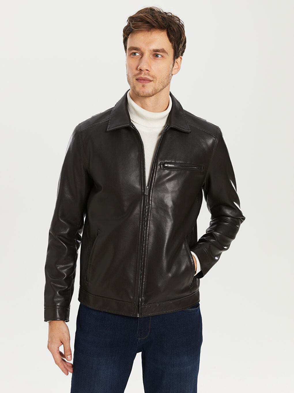 Kahverengi Erkek Deri Görünümlü Mont-2