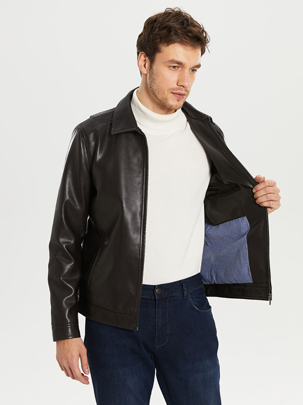 Kahverengi Erkek Deri Görünümlü Mont-3