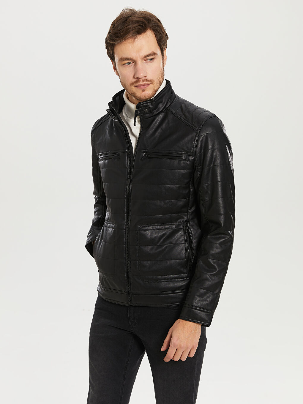 Siyah Slim Fit Dik Yaka Erkek Deri Görünümlü Mont-1