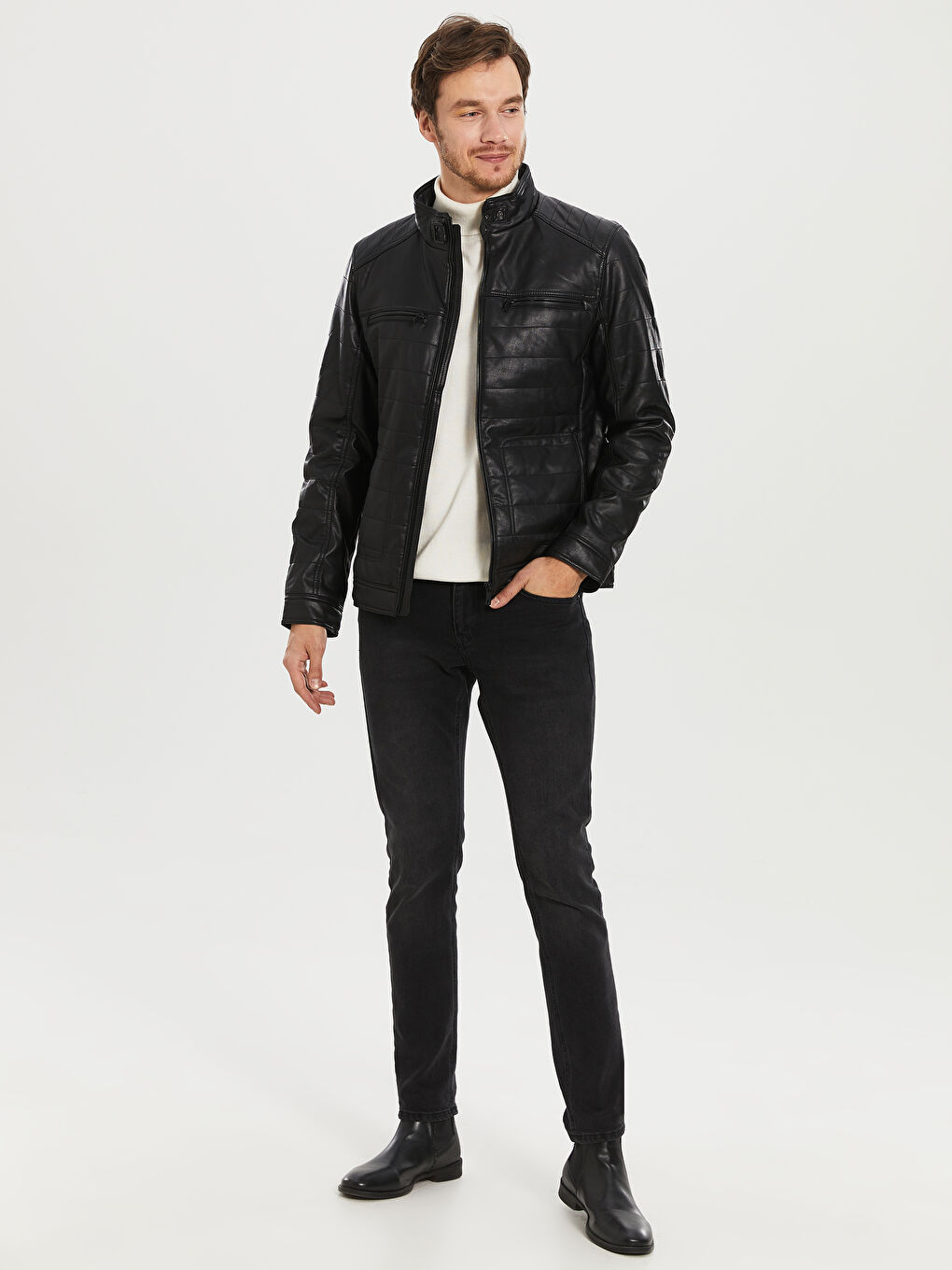 Siyah Slim Fit Dik Yaka Erkek Deri Görünümlü Mont-4