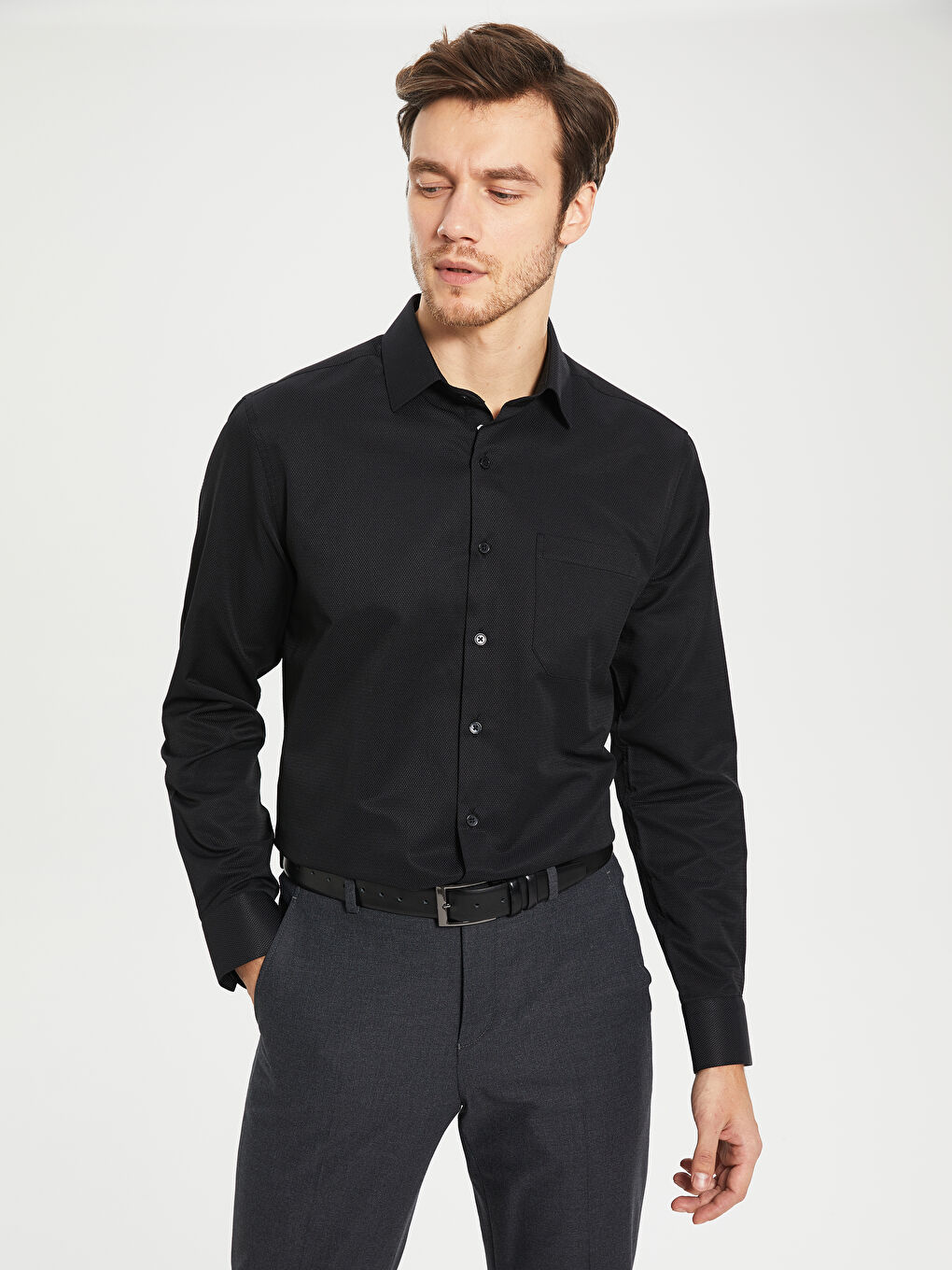 Siyah Regular Fit Uzun Kollu Erkek Gömlek-1