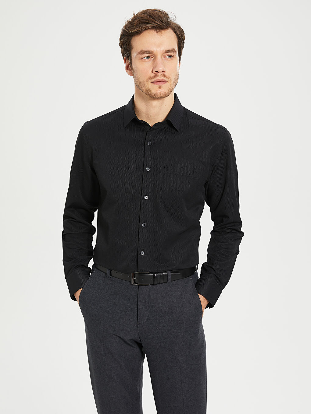 Siyah Regular Fit Uzun Kollu Erkek Gömlek-2