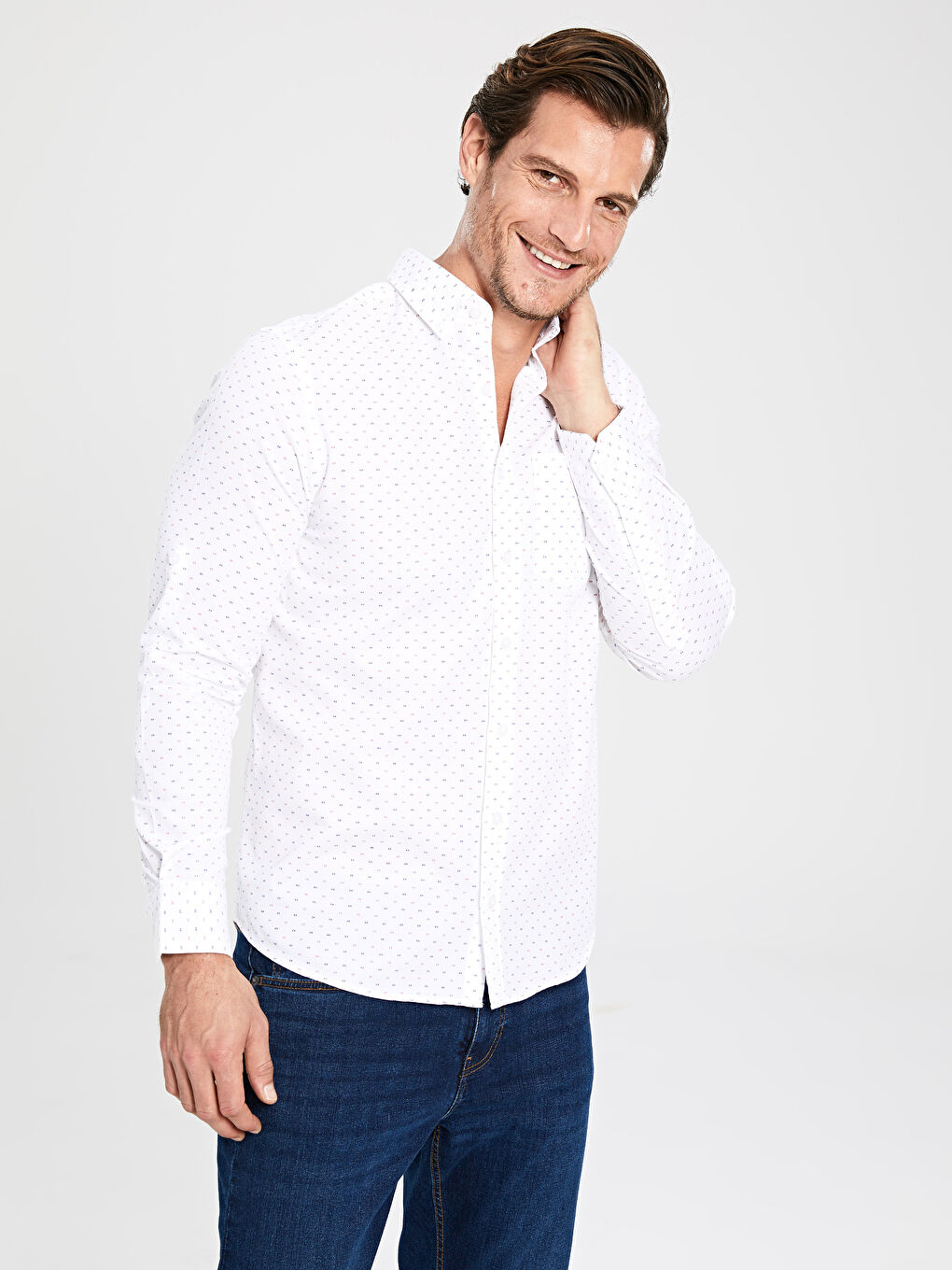 Beyaz Regular Fit Desenli Uzun Kollu Poplin Gömlek-1
