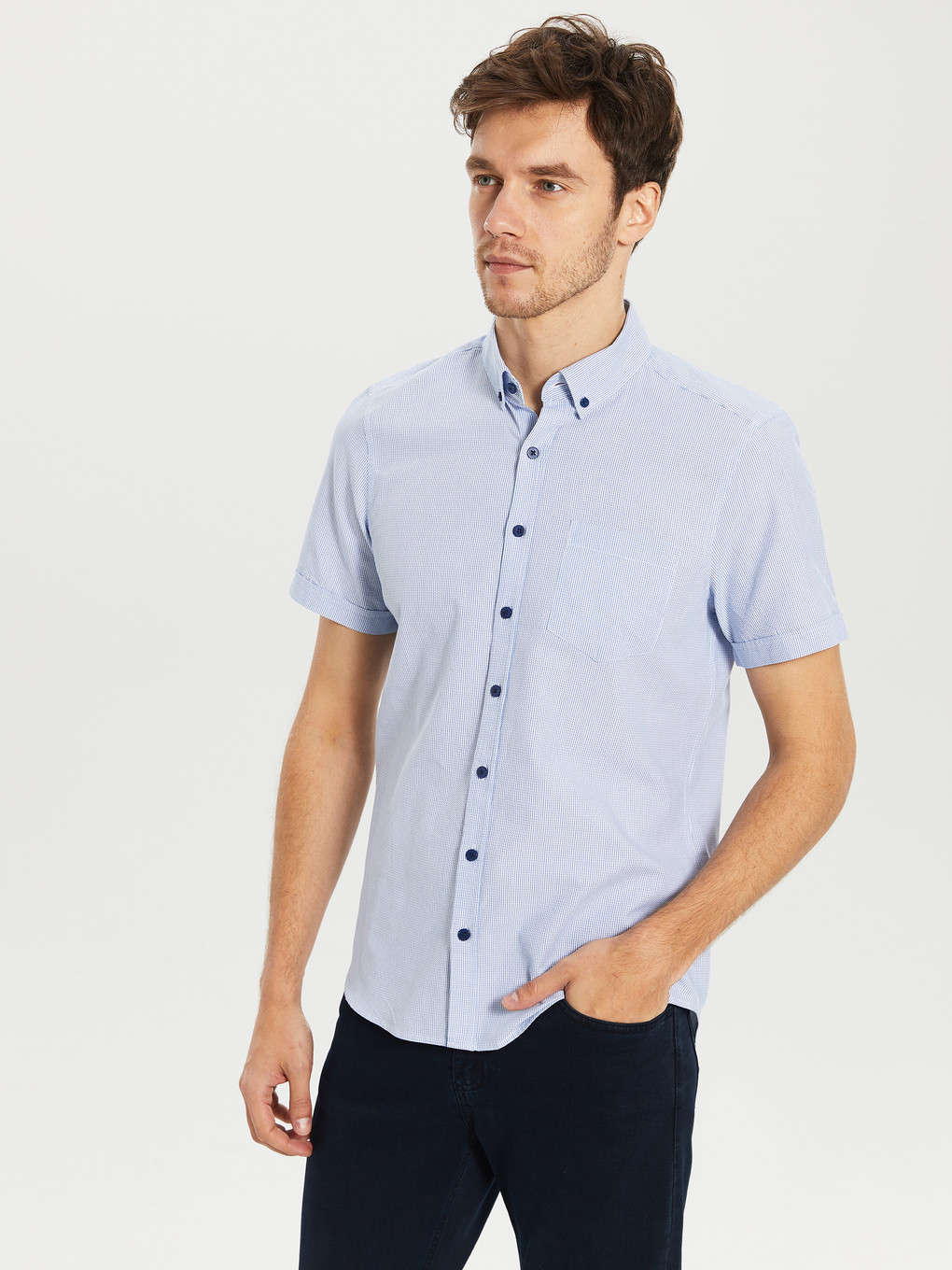 Mavi Slim Fit Armürlü Kısa Kollu Gömlek-1