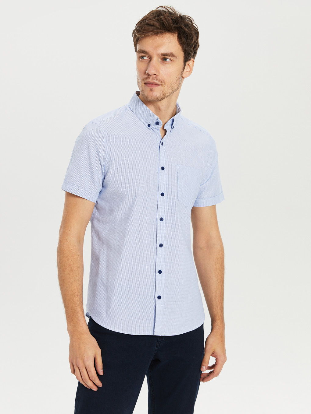 Mavi Slim Fit Armürlü Kısa Kollu Gömlek-2