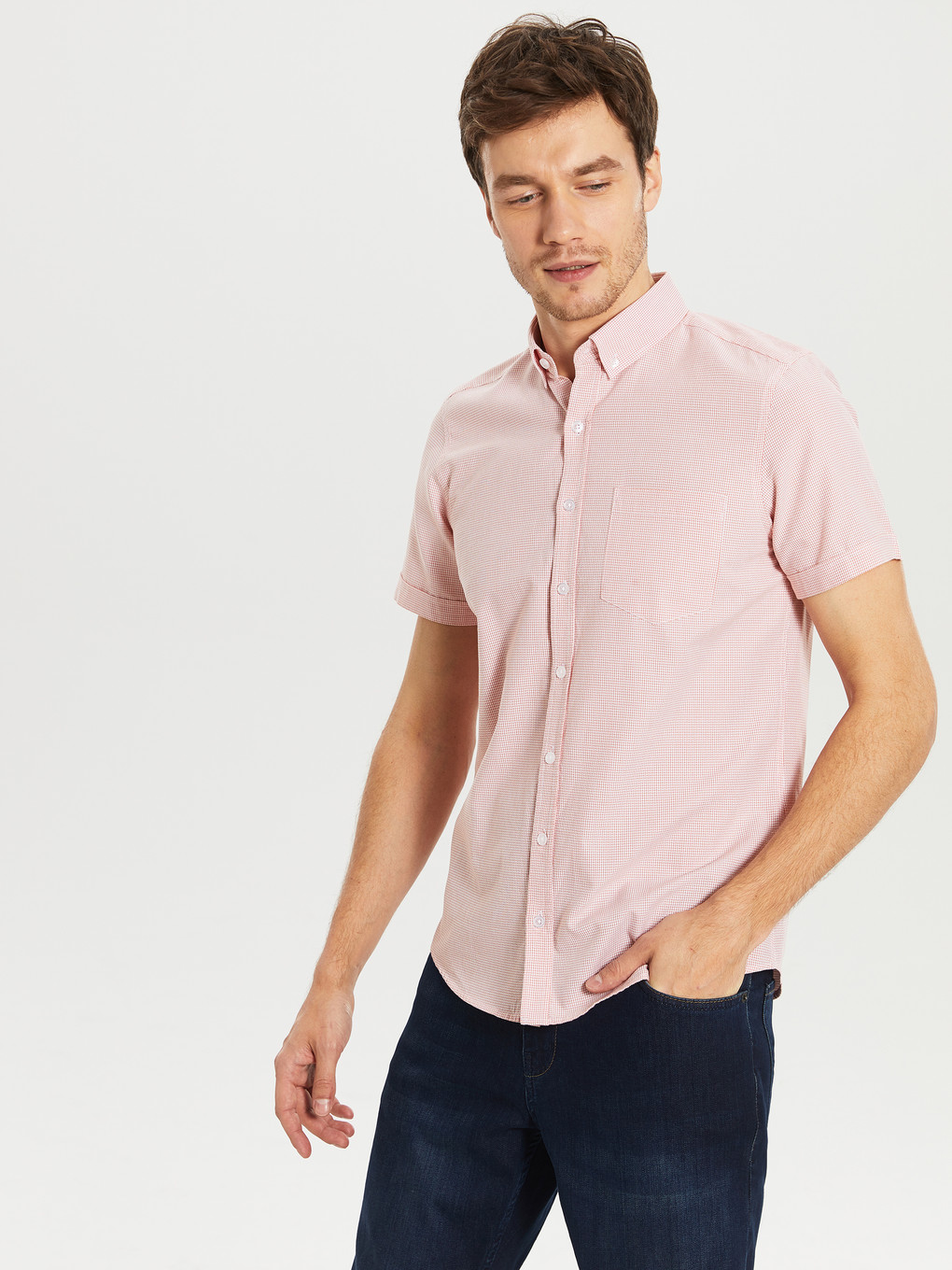 Turuncu Slim Fit Armürlü Kısa Kollu Gömlek