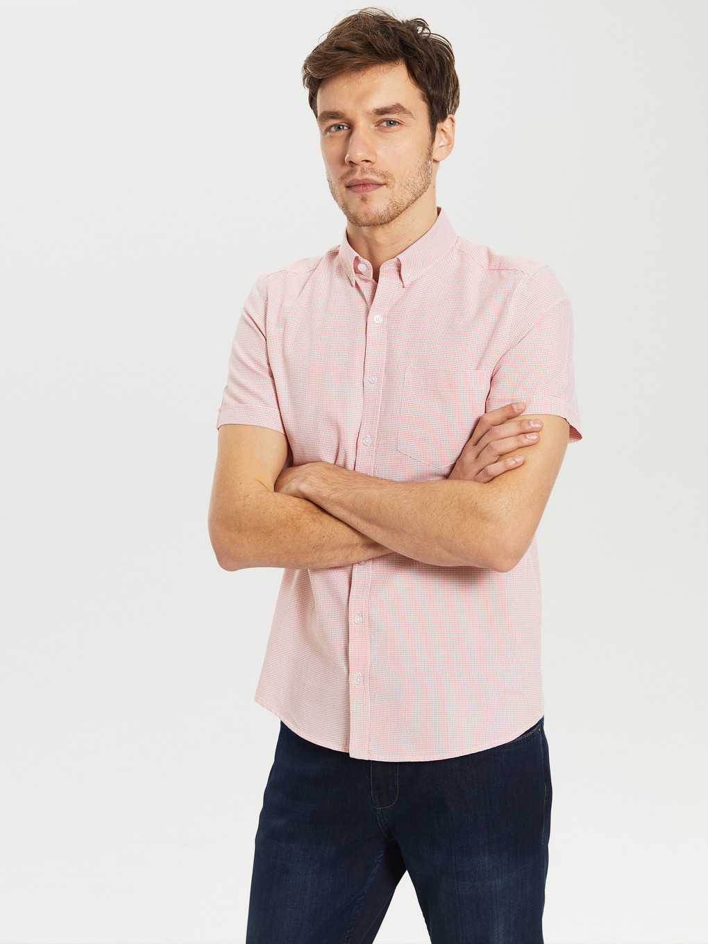 Turuncu Slim Fit Armürlü Kısa Kollu Gömlek-1