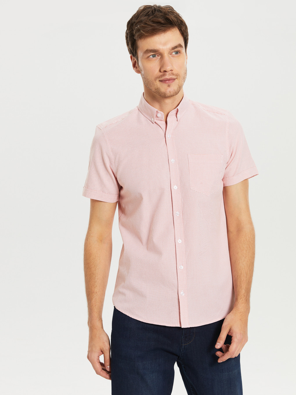 Turuncu Slim Fit Armürlü Kısa Kollu Gömlek-2