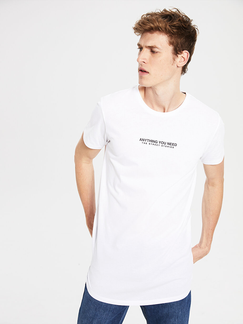 Beyaz Bisiklet Yaka Kısa Kollu Baskılı Penye Erkek Tişört