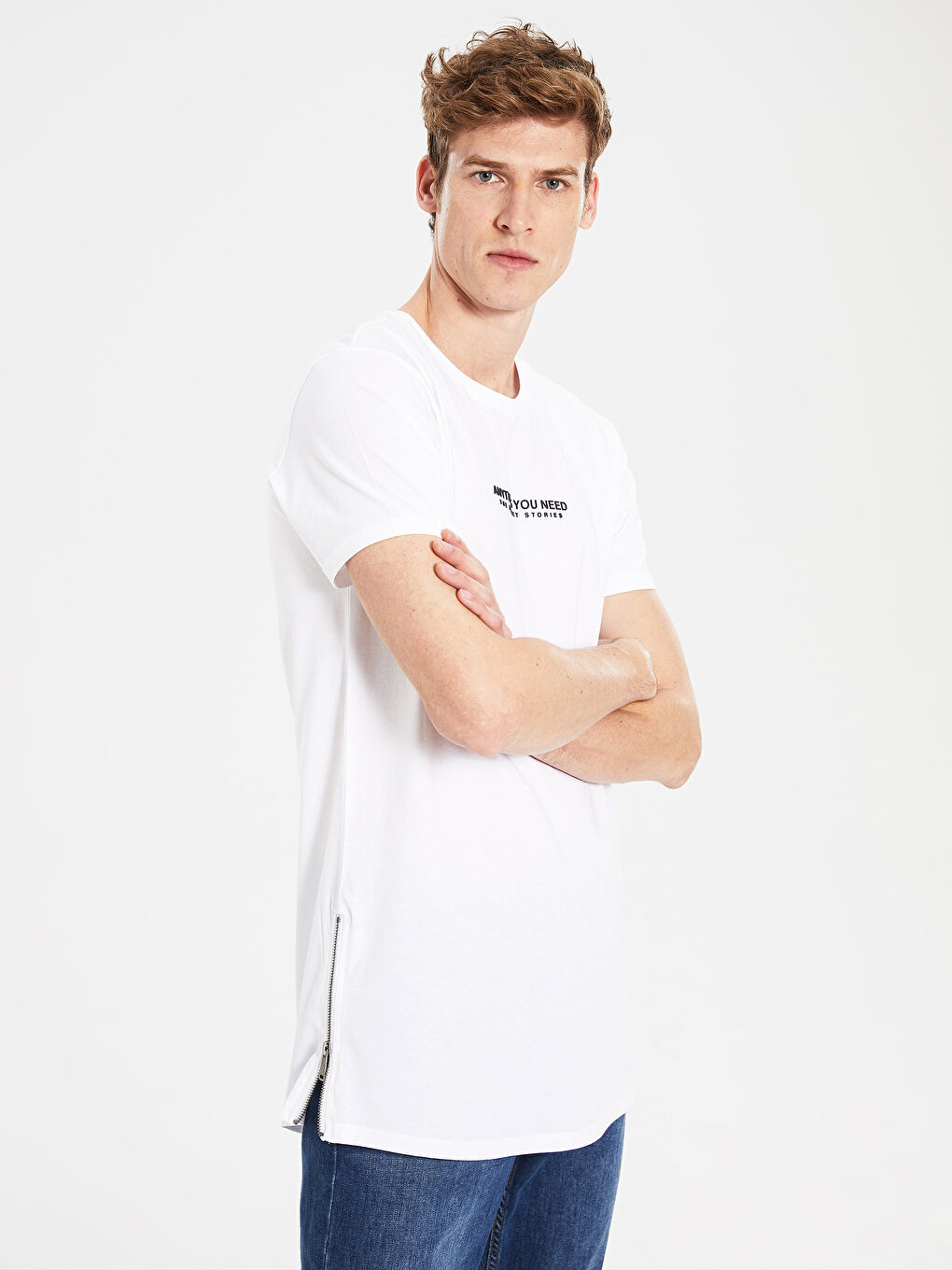 Beyaz Bisiklet Yaka Kısa Kollu Baskılı Penye Erkek Tişört-1