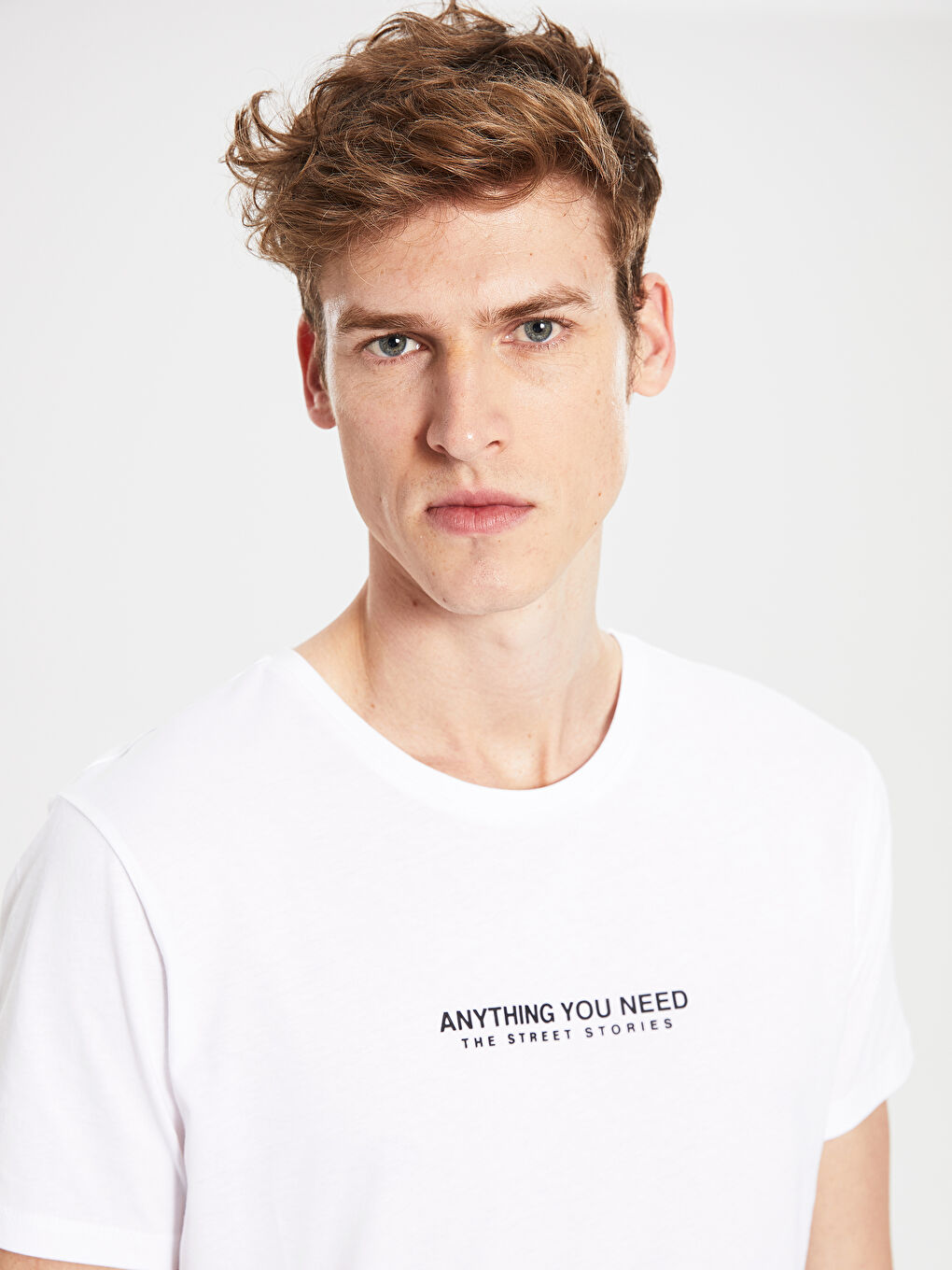 Beyaz Bisiklet Yaka Kısa Kollu Baskılı Penye Erkek Tişört-2