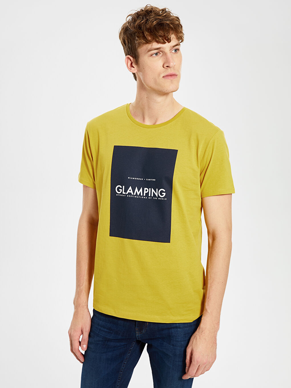 Sarı Bisiklet Yaka Penye Erkek Tişört-1