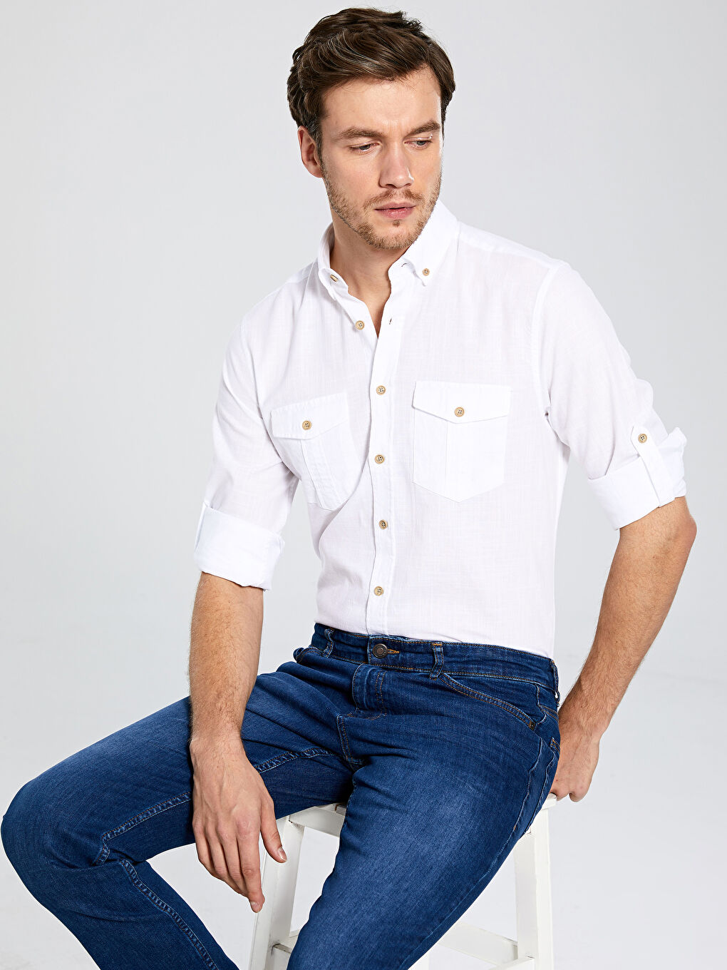 Beyaz Regular Fit Uzun Kollu Poplin Erkek Gömlek-2