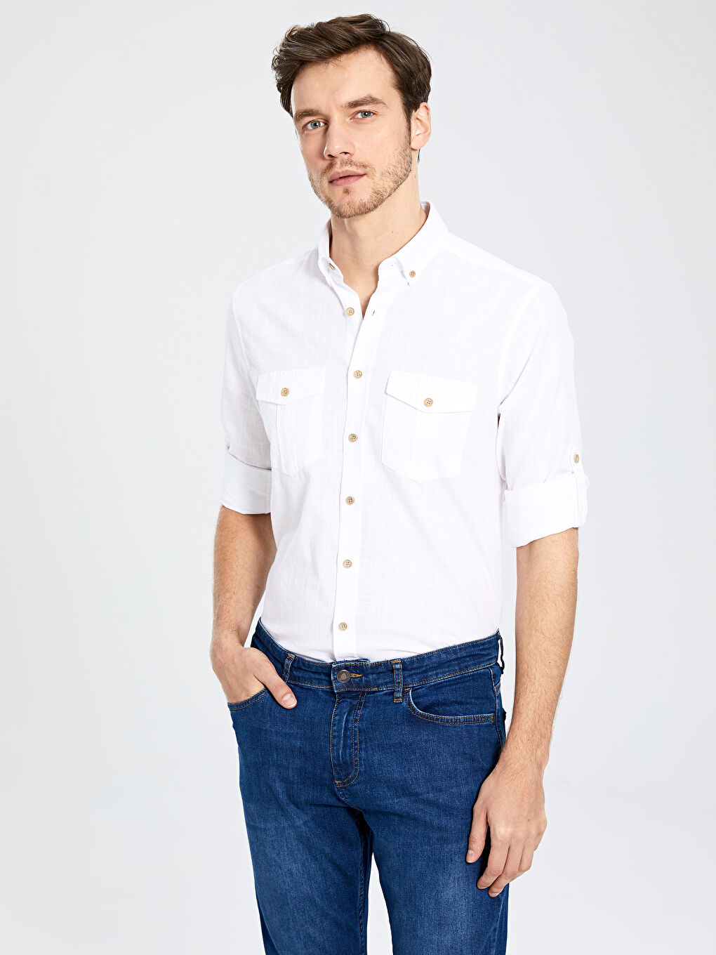 Beyaz Regular Fit Uzun Kollu Poplin Erkek Gömlek-3