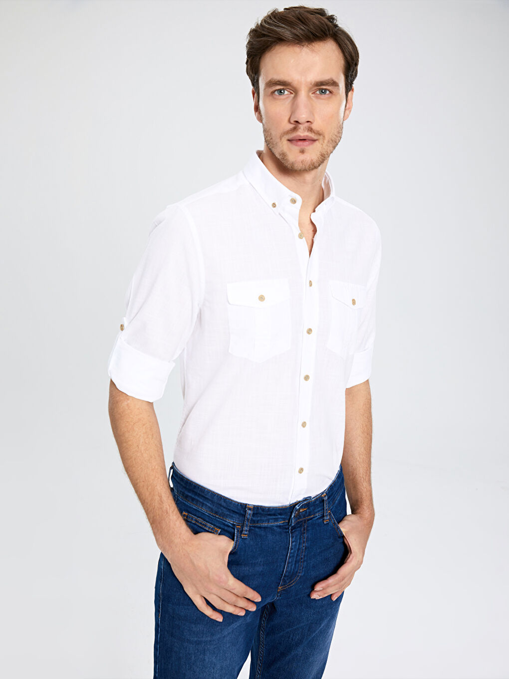 Beyaz Regular Fit Uzun Kollu Poplin Erkek Gömlek-4