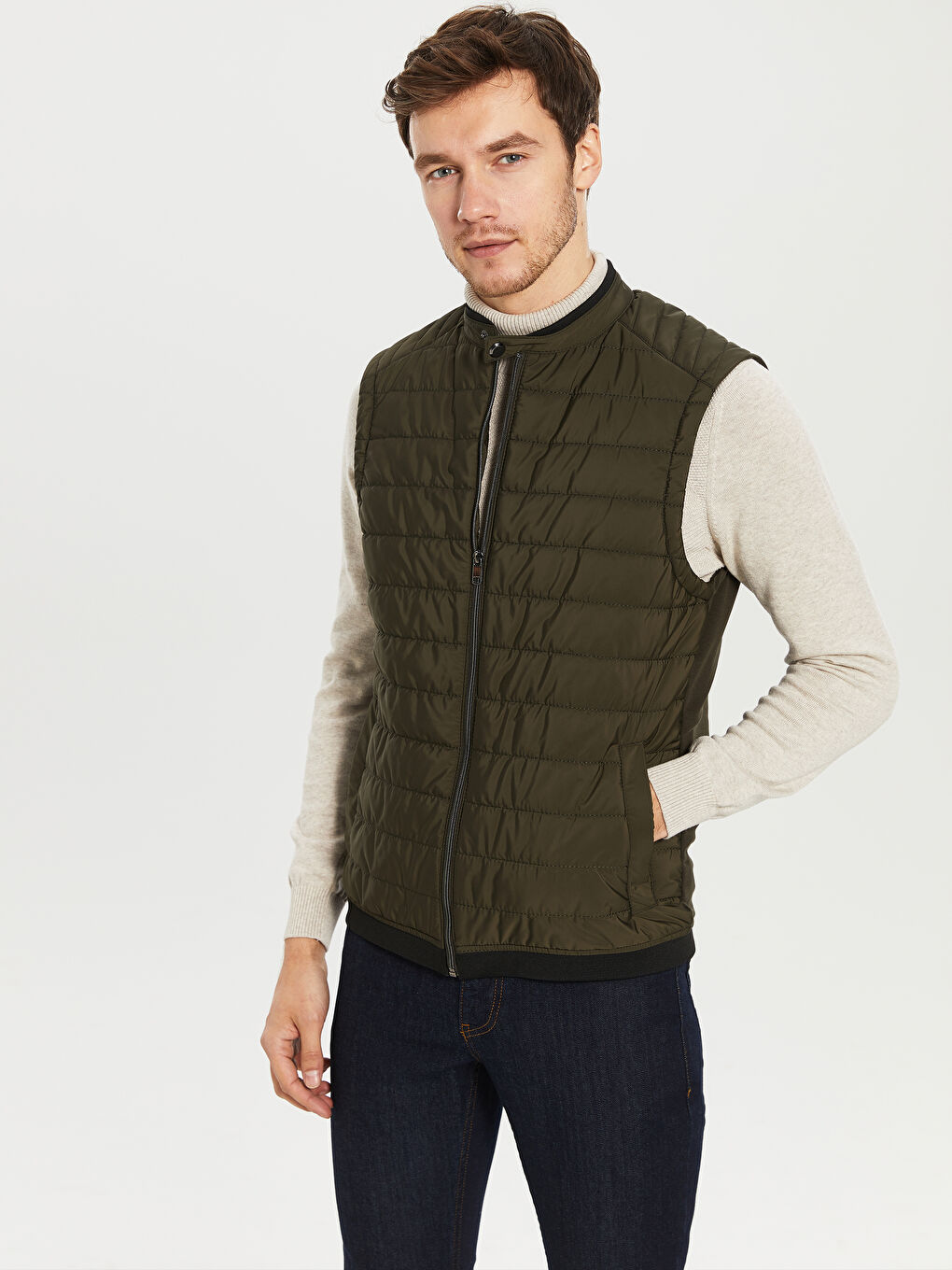 Haki Biker Yaka Kapitone Erkek Yelek