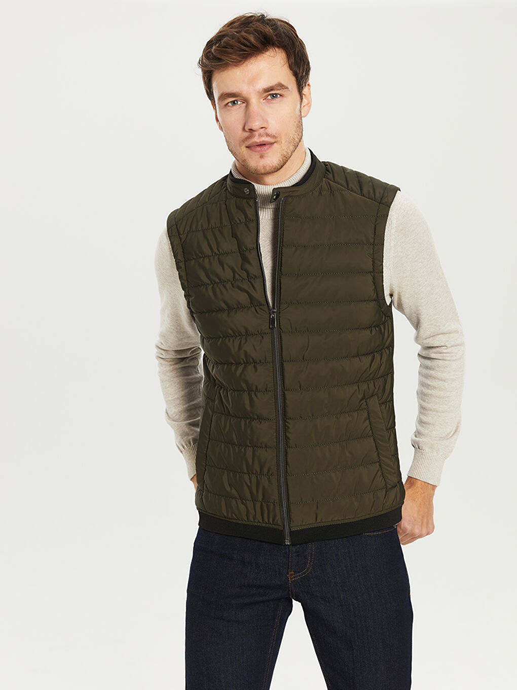 Haki Biker Yaka Kapitone Erkek Yelek-1