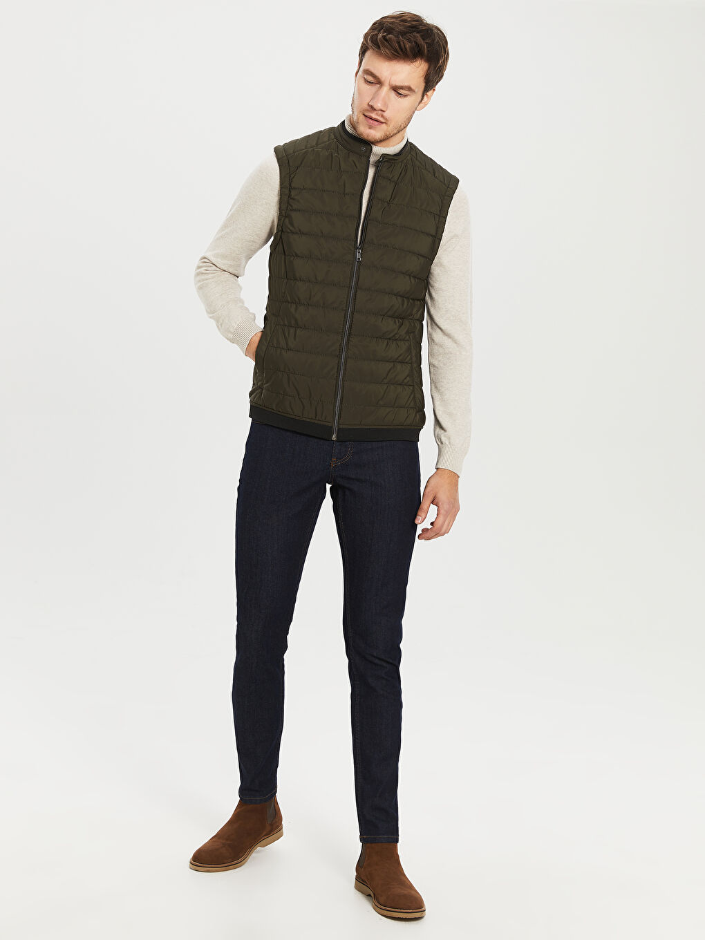 Haki Biker Yaka Kapitone Erkek Yelek-3