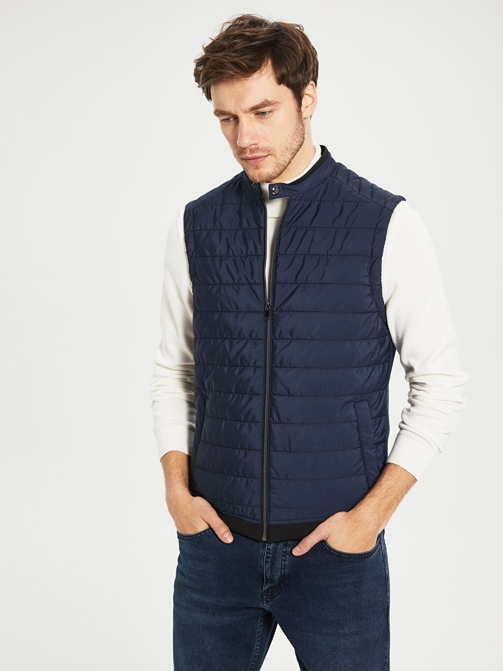 Lacivert Biker Yaka Kapitone Erkek Yelek