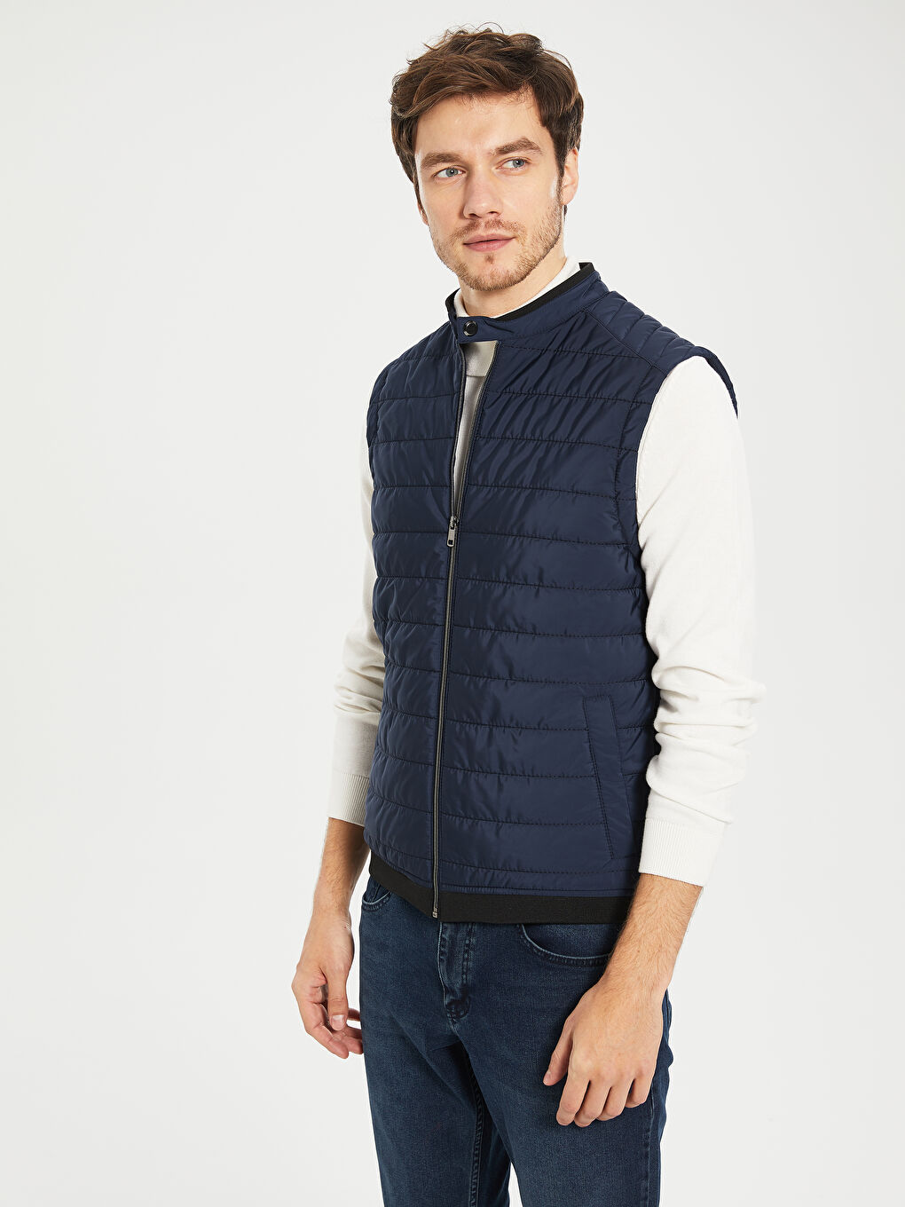 Lacivert Biker Yaka Kapitone Erkek Yelek-1